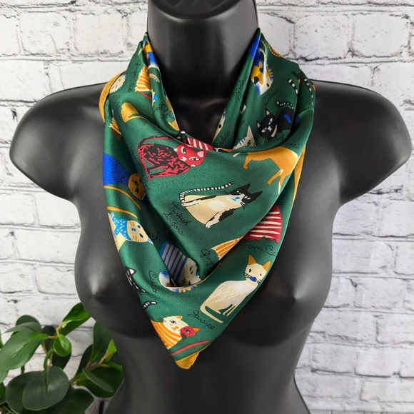 Whimsical assorted cats on silky green polyester with gold trim scarf, head wrap - Picture 2 of 15